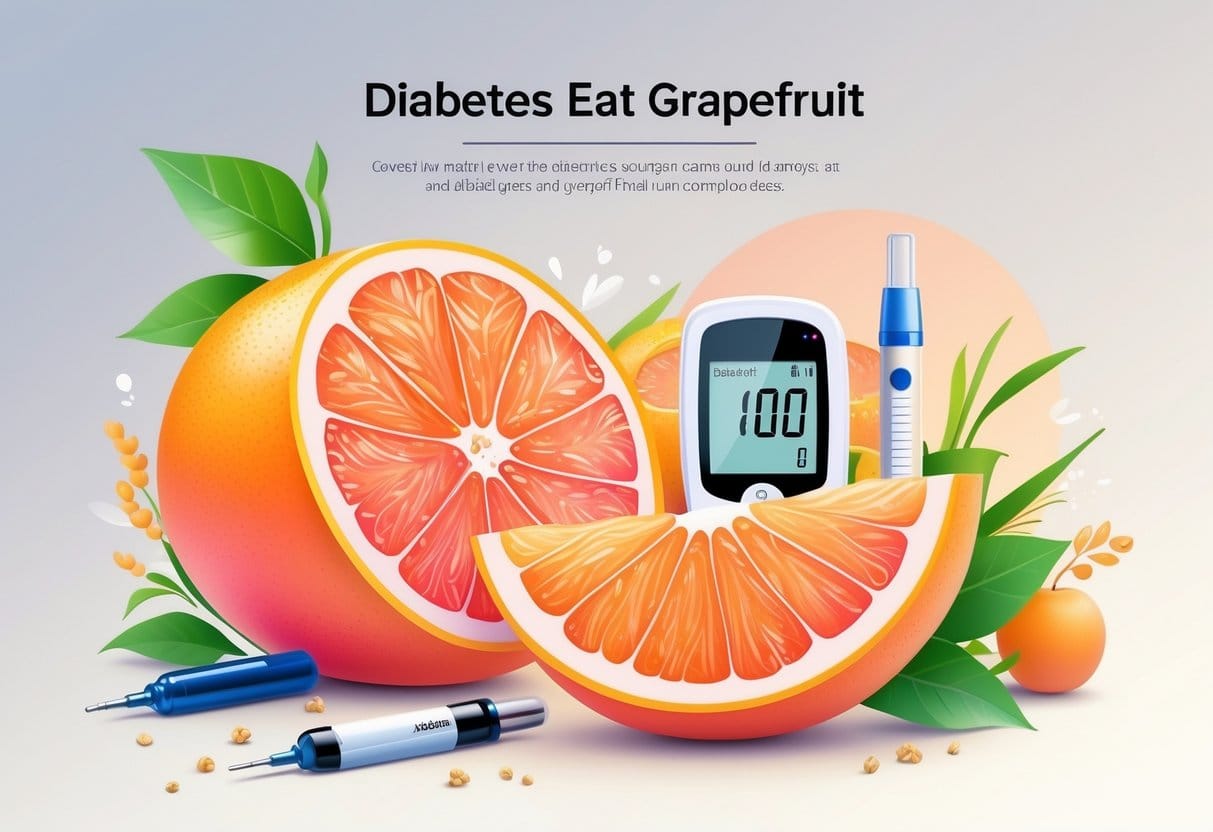 A sliced grapefruit surrounded by a glucose meter, an insulin pen, and a healthy food plate, symbolizing diabetes and safe grapefruit consumption.