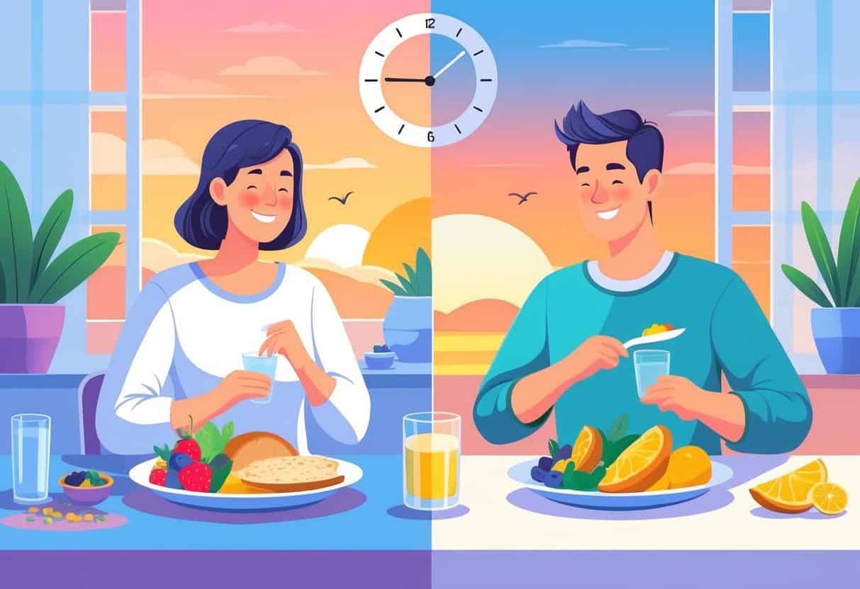 A person eating a healthy breakfast with whole grains and fruit in the morning and a light dinner with vegetables in the evening, with a sunrise on one side and a sunset on the other.