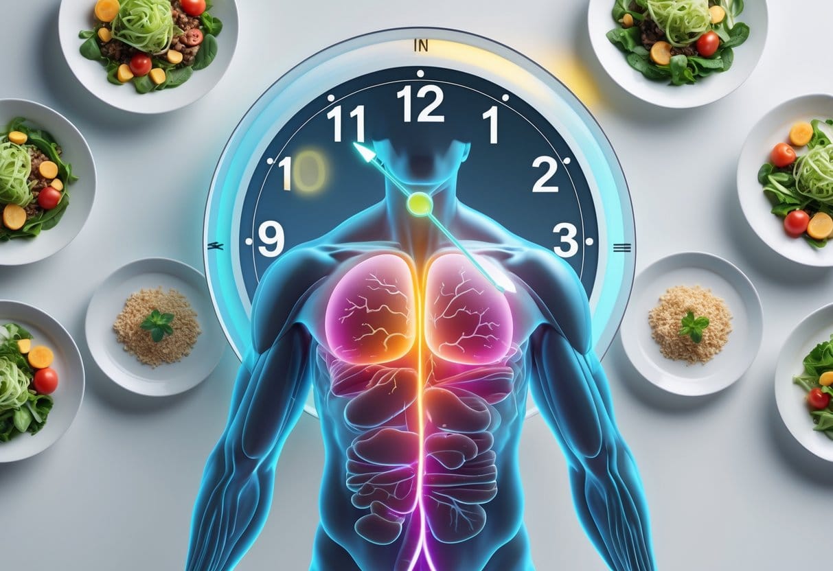 Illustration showing a clock with different meal times, plates of healthy food, and a transparent human torso with a visible bloodstream displaying changing blood sugar levels.