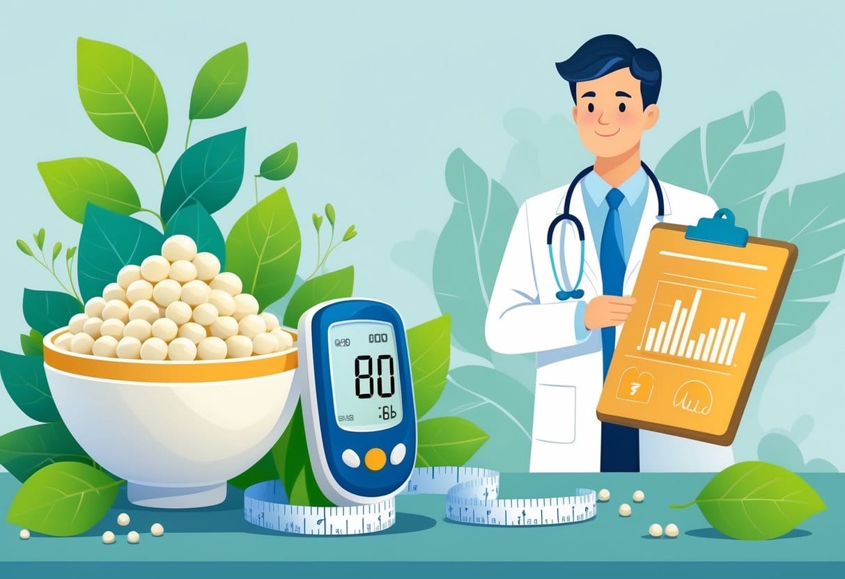 A bowl of tapioca pearls next to a glucose meter showing safe blood sugar levels, with a healthcare professional holding a clipboard in the background.