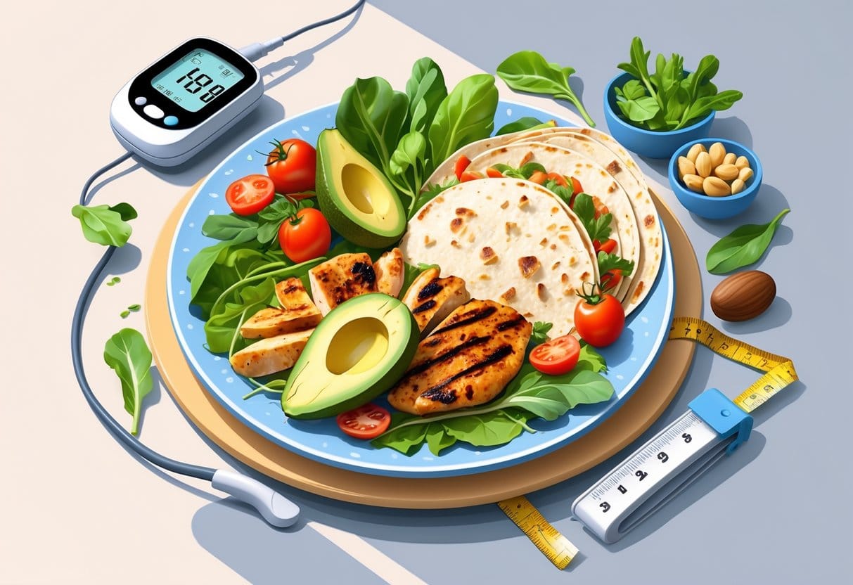 A plate with whole grain tortillas, fresh vegetables, and grilled chicken next to a glucose monitor showing stable blood sugar levels.