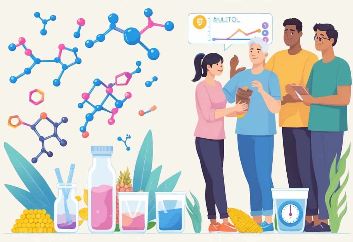 A group of adults with diabetes looking at sugar alcohol molecules and sugar-free foods, with medical and natural elements in the background.
