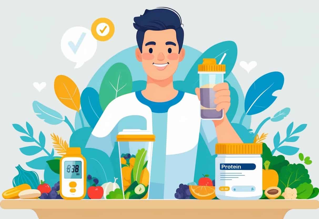 An adult holding a protein shake with healthy foods and a glucometer nearby, representing safe protein powder use for diabetics.