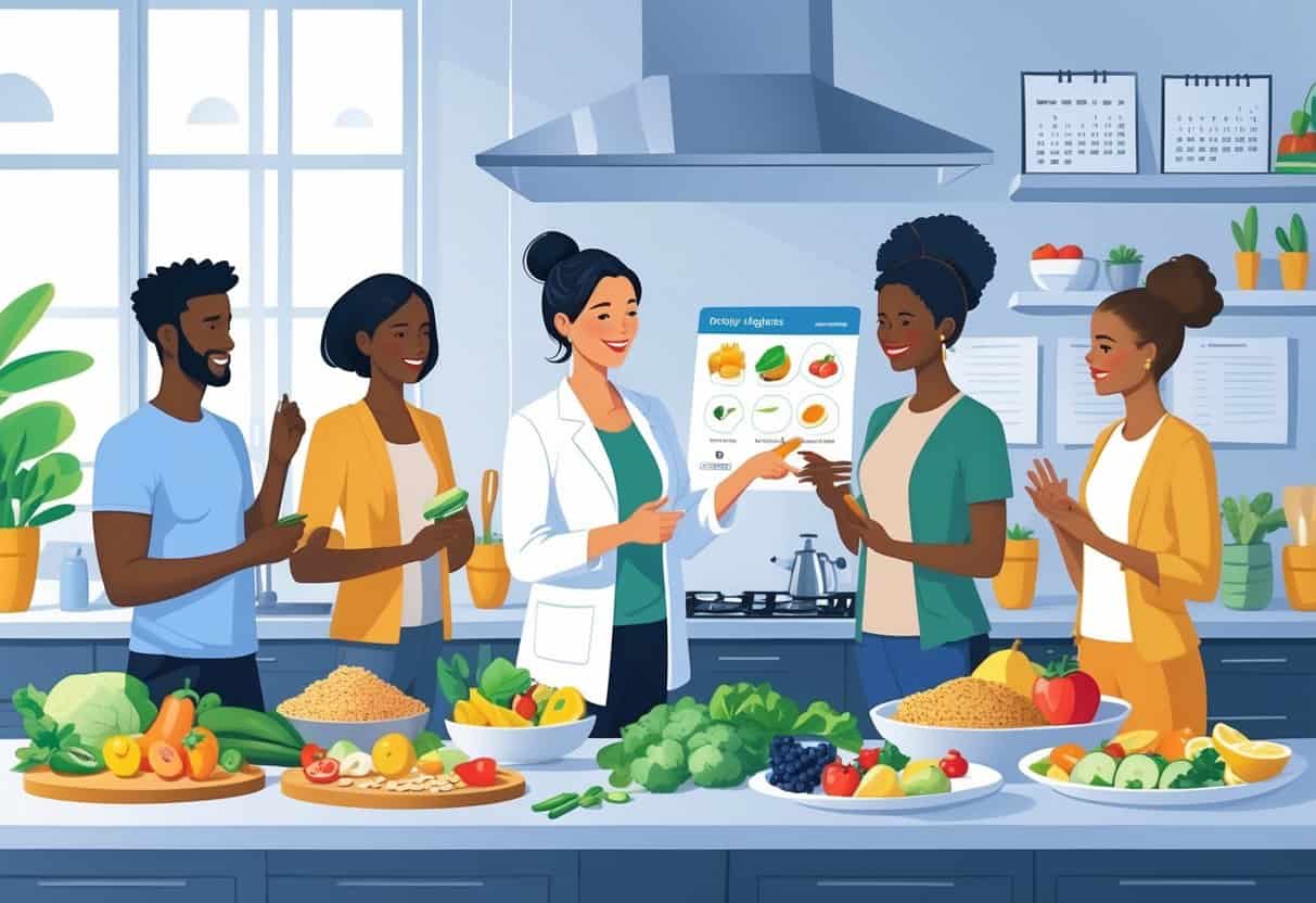 A group of people in a kitchen learning about healthy food choices from a nutritionist, surrounded by fresh vegetables, fruits, and whole grains.