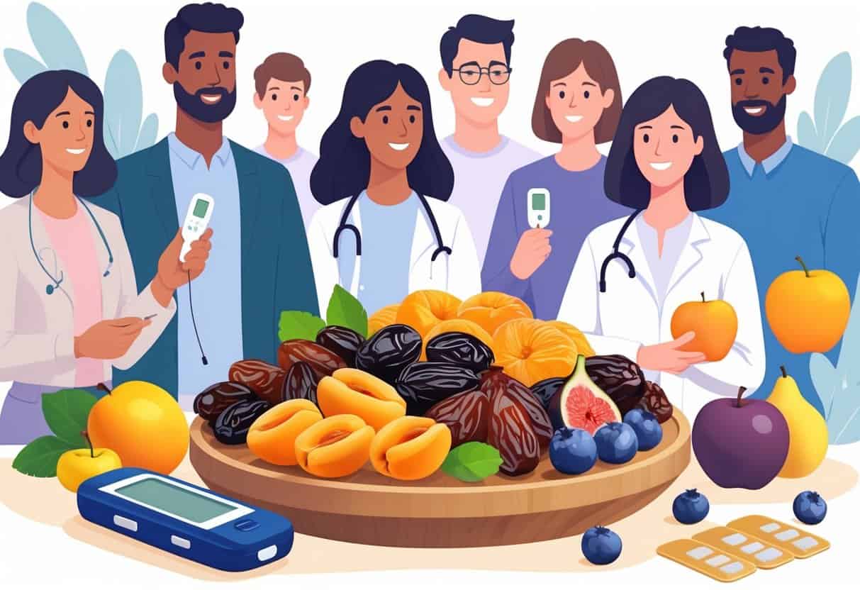 A group of people with one person checking their blood sugar near a platter of dried and fresh fruits, with a diabetic care kit nearby.