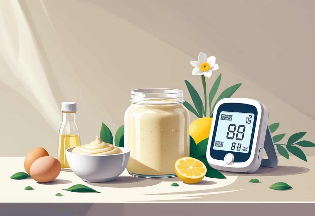 A kitchen countertop with a jar and bowl of mayonnaise, fresh ingredients, and a blood glucose monitor showing a normal reading.