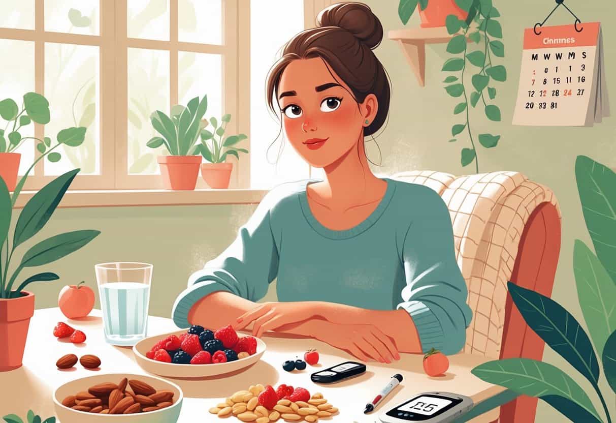 A young woman sitting at a kitchen table with healthy snacks and diabetes supplies, looking calm and mindful.