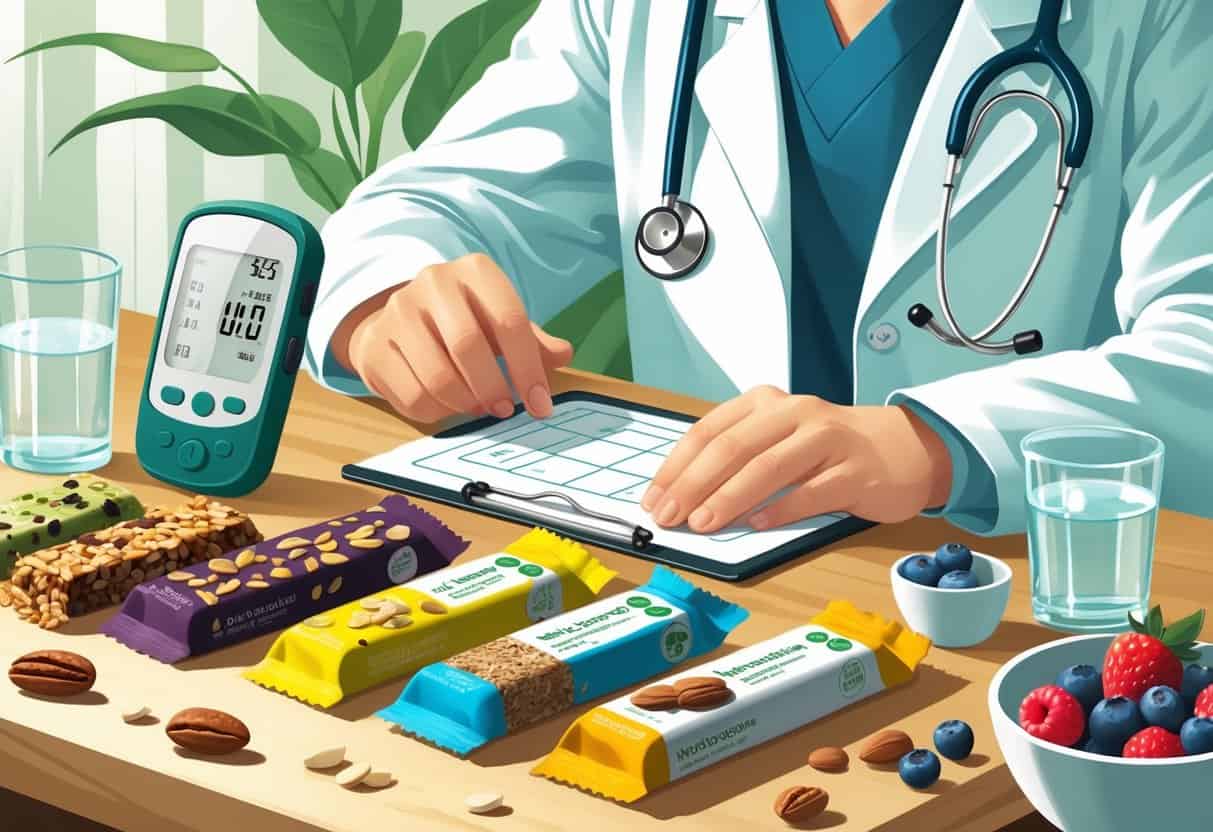 A healthcare professional with a stethoscope stands near a table with various energy bars, a glucometer, fresh berries, and a glass of water.