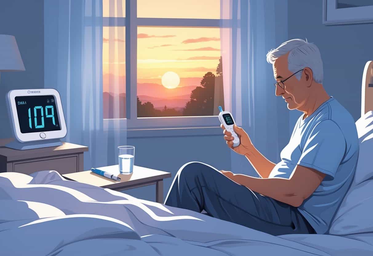A person checking their blood glucose levels in a bedroom at sunrise, with medical supplies on the bedside table and soft morning light coming through the window.