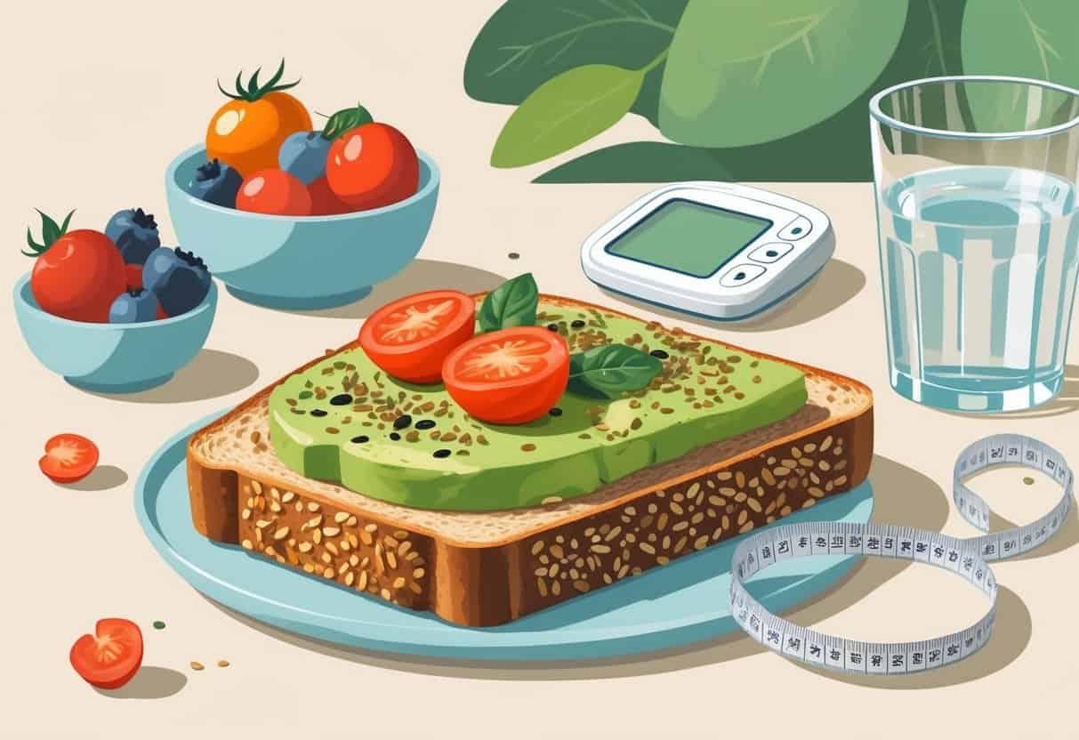 A breakfast scene with avocado toast, fresh berries, a glass of water, and a glucose monitor with a hand holding a measuring tape nearby.
