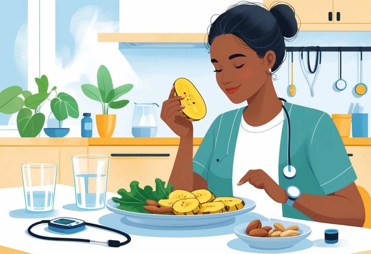 A person looking at a plate with sliced plantains and other healthy foods, with a glucose meter and stethoscope on a table nearby.