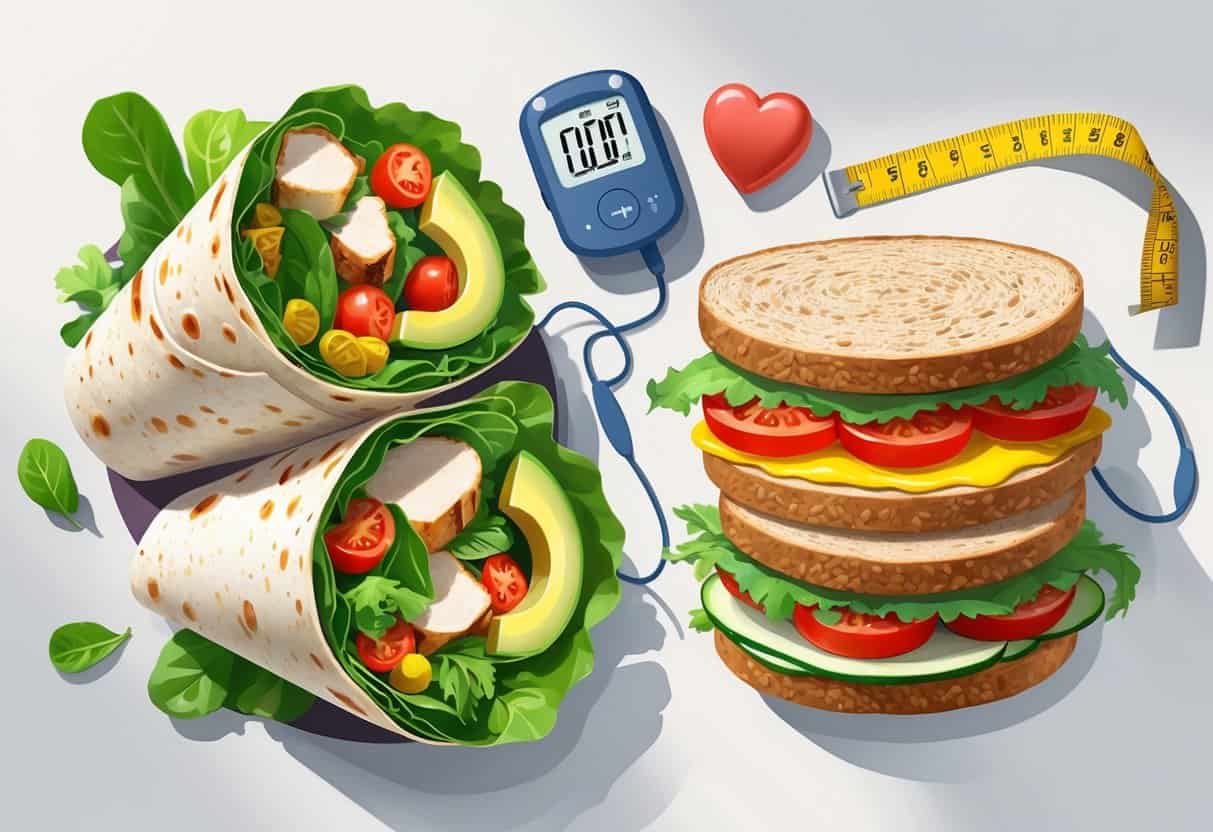 A wrap and a sandwich filled with fresh vegetables and lean protein side by side with diabetes-related health symbols between them.
