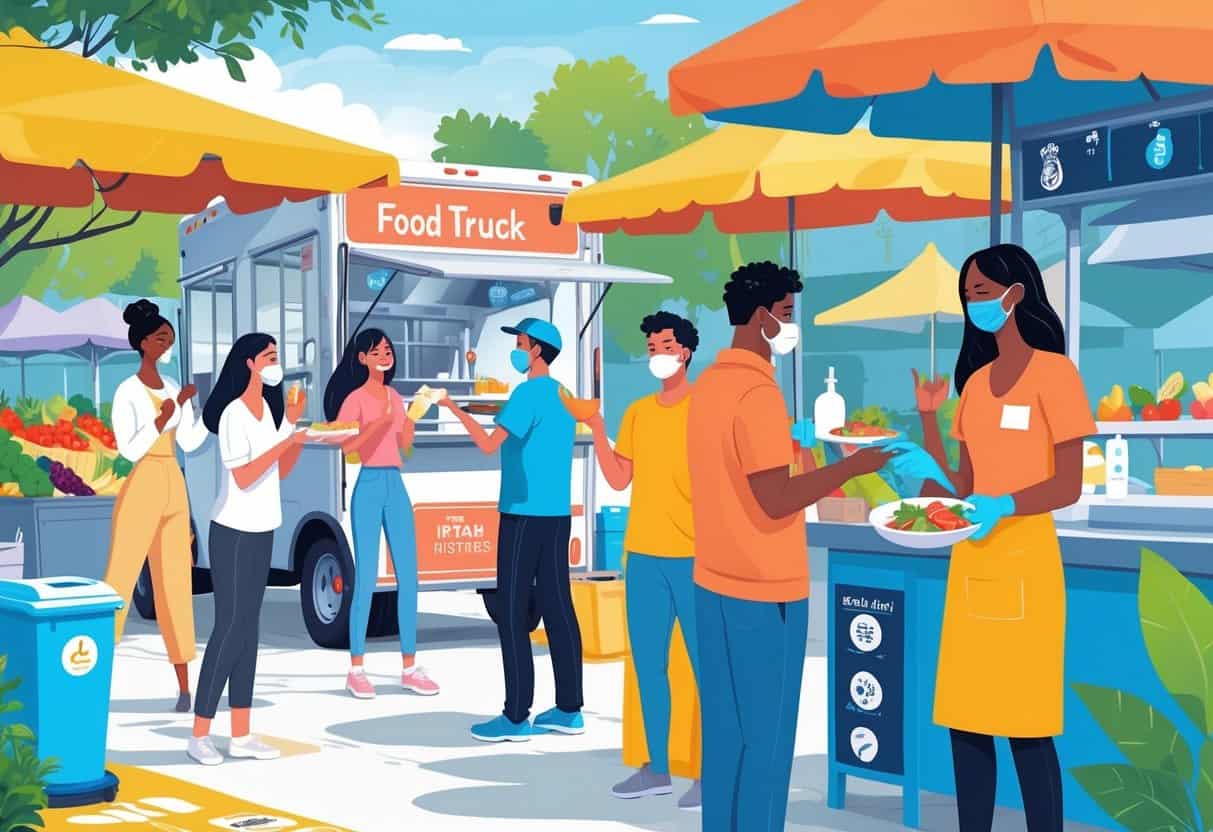 People eating food safely at a food truck and street market with vendors wearing masks and customers using hand sanitizer.