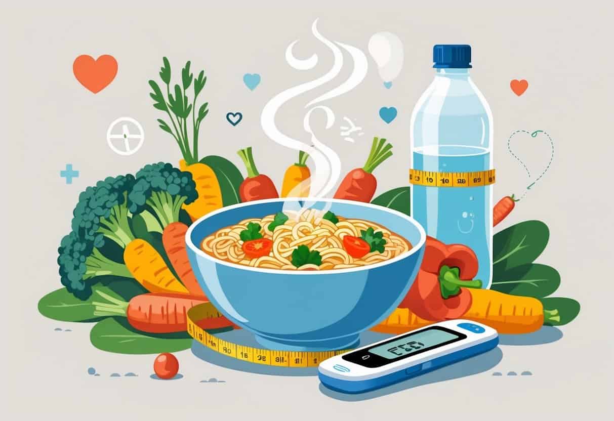 A bowl of instant noodles with fresh vegetables, a glucose meter, and a water bottle on a table, symbolizing diabetes-friendly eating.