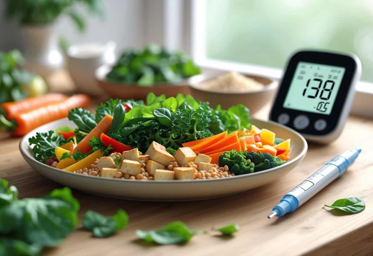 A plate of colorful vegan food with a glucose monitor and insulin pen on a table, representing diet and diabetes management.