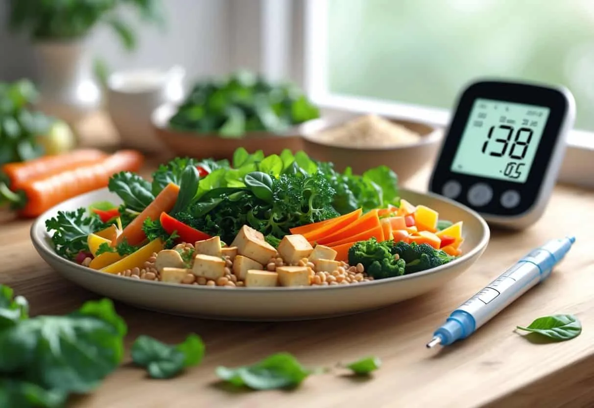 A plate of colorful vegan food with a glucose monitor and insulin pen on a table, representing diet and diabetes management.