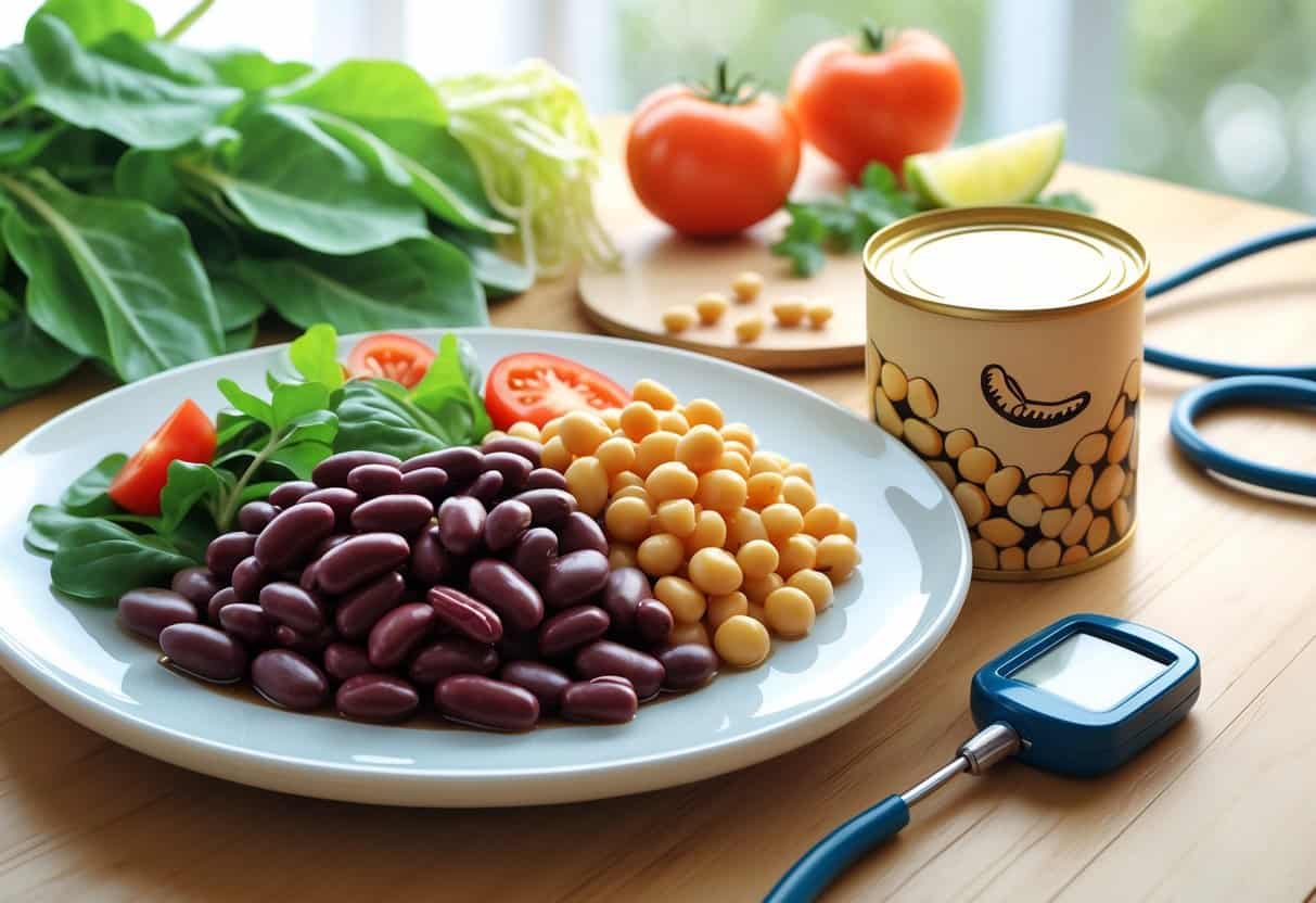 A plate of cooked beans with fresh vegetables next to an open can of beans, with a glucose meter and stethoscope on a table in the background.