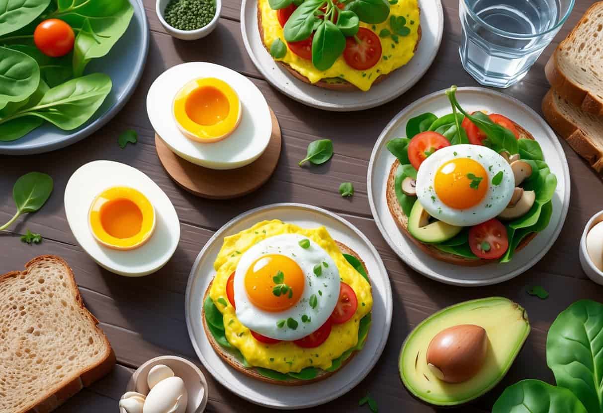 A variety of healthy egg dishes including boiled egg halves, scrambled eggs on toast, vegetable omelette, and poached egg on avocado, arranged on a wooden table with fresh greens and whole grain bread.
