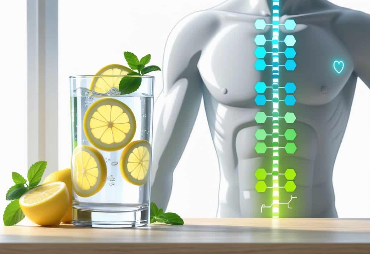 A glass of lemon water on a table next to a human torso with highlighted blood vessels showing balanced blood sugar levels.