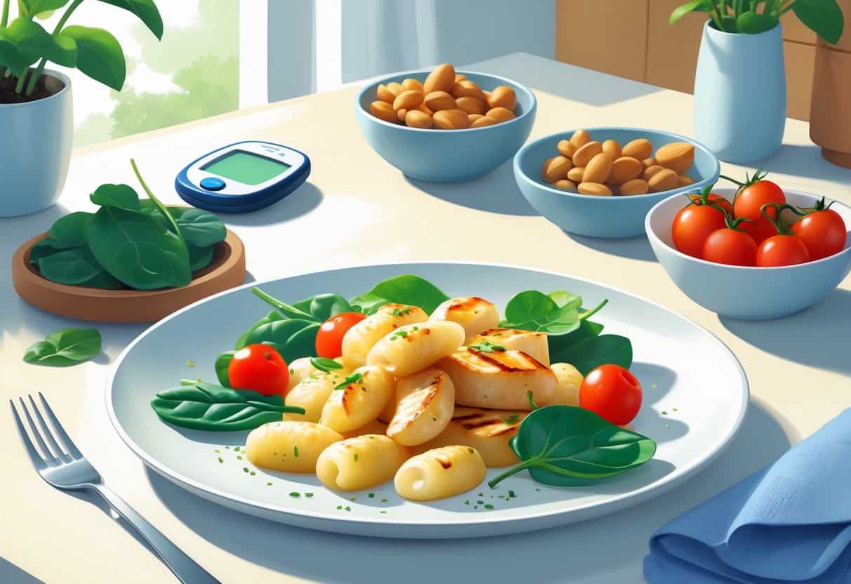 A plate of gnocchi served with vegetables and grilled chicken on a kitchen table with a glucose meter and a bowl of nuts nearby.