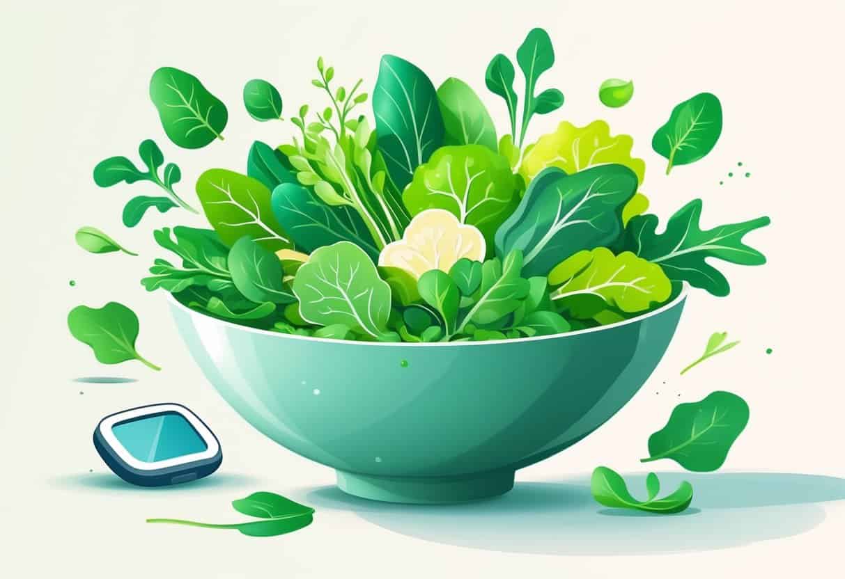 A bowl of fresh spring mix and baby greens with a glucose monitor and a balanced meal icon nearby.