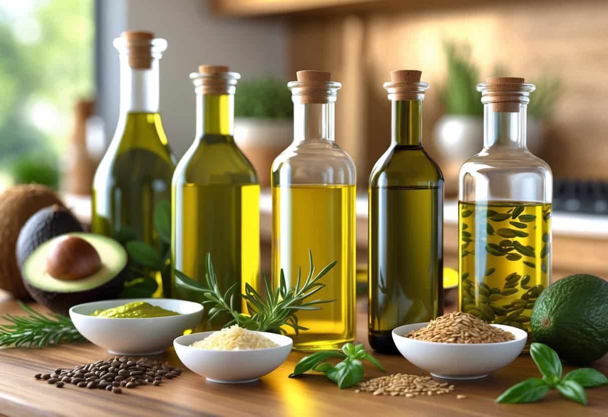 A variety of cooking oils in glass bottles and bowls with fresh ingredients like avocados, olives, coconuts, and flaxseeds on a wooden kitchen countertop.