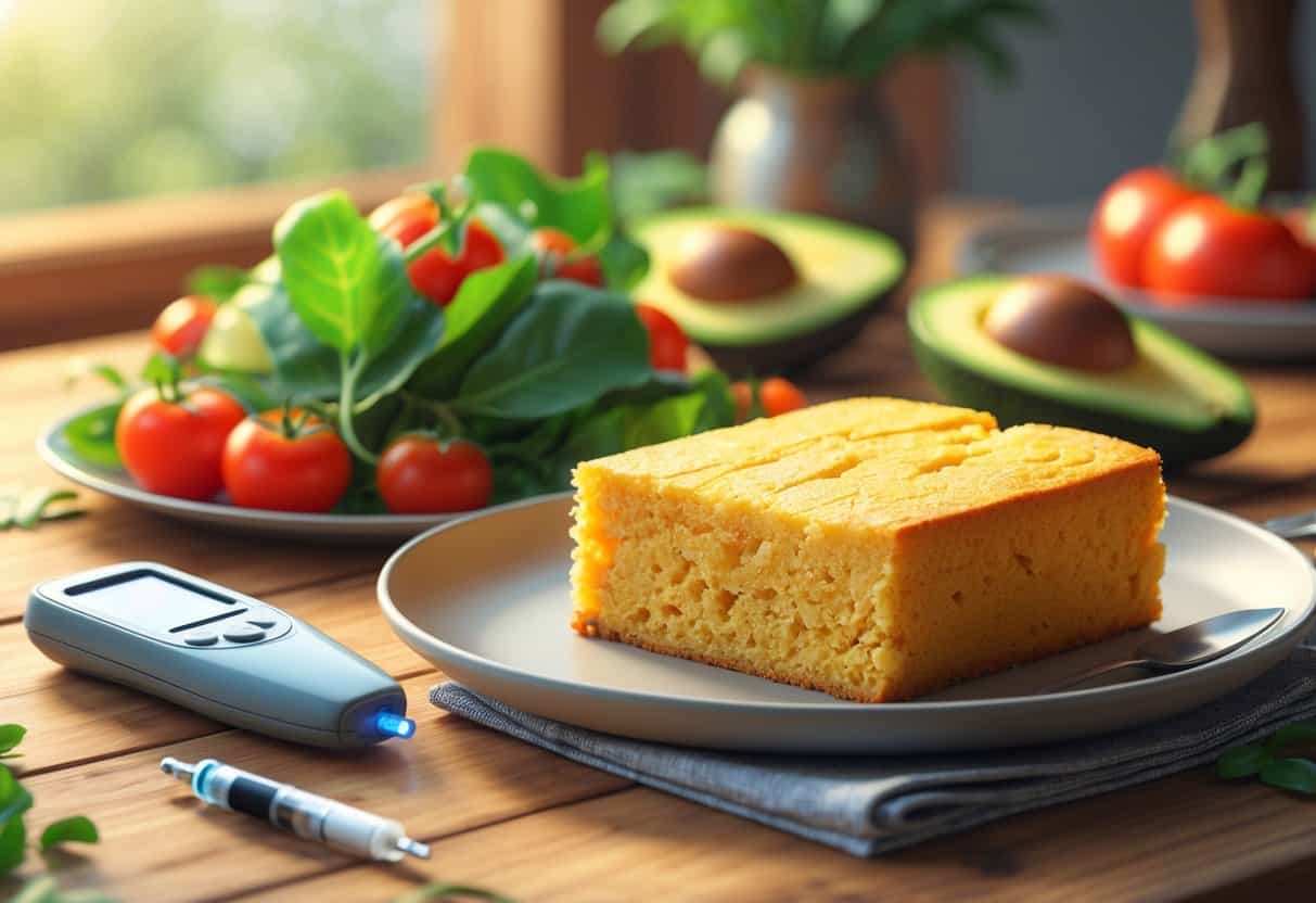 A plate with cornbread and fresh vegetables on a table, with a glucometer and insulin pen nearby.