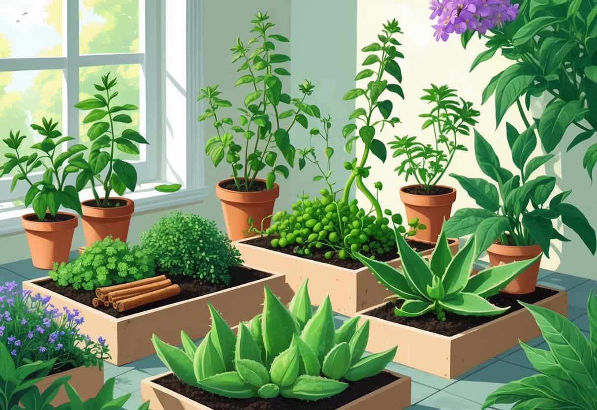 A home garden scene with various healthy herbs including cinnamon, fenugreek, bitter melon, aloe vera, and holy basil growing in pots and garden beds near a sunny kitchen window.