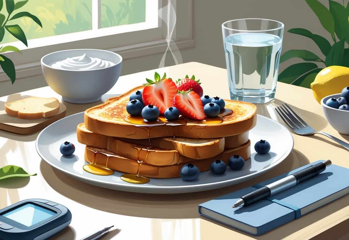 A plate of French toast with fresh berries and sugar-free syrup on a kitchen table, accompanied by Greek yogurt, a glass of water with lemon, and a glucometer nearby.
