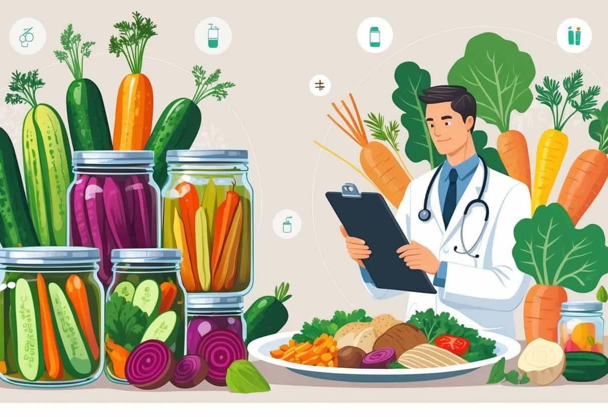 A medical professional examines jars of pickled vegetables alongside a healthy meal plate, highlighting considerations for diabetics.
