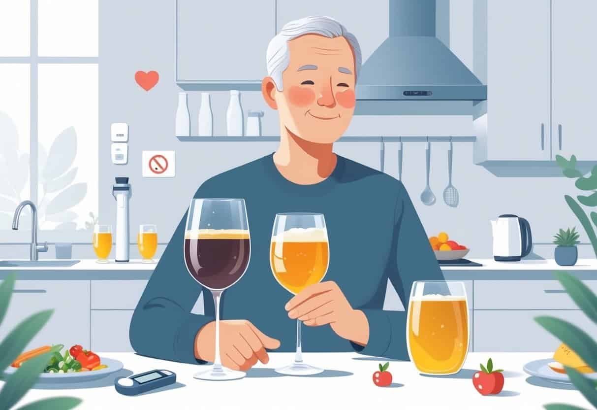 A person sitting at a table with a glass of non-alcoholic beer and non-alcoholic wine, with a glucose meter and healthy food nearby in a kitchen setting.