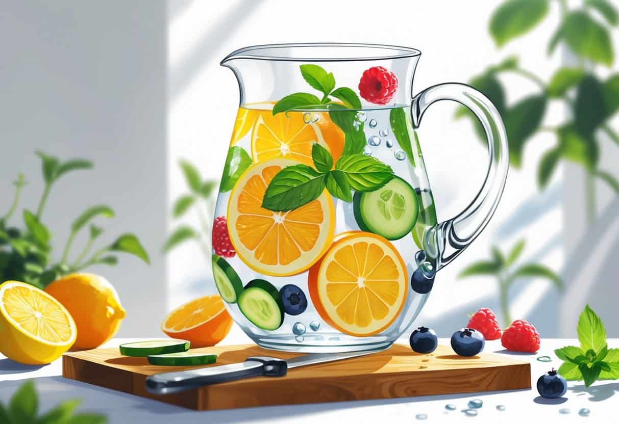 A glass pitcher of water with lemon, orange slices, mint leaves, cucumber, and berries on a wooden cutting board with fresh ingredients around it.