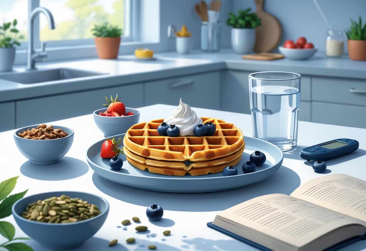A breakfast plate with a waffle topped with fresh berries and yogurt, accompanied by a bowl of nuts and a glass of water on a kitchen table with a glucometer and nutrition book nearby.