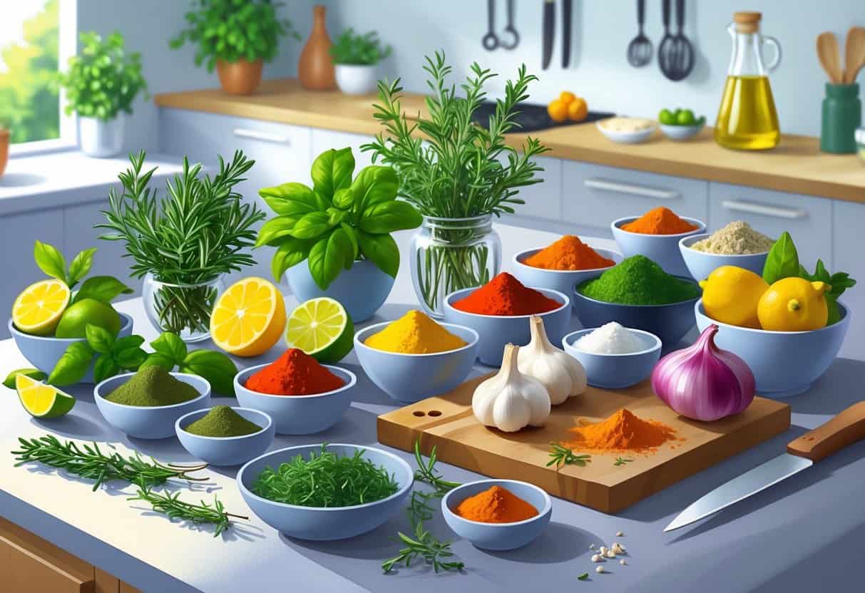 A kitchen countertop with fresh herbs, lemon slices, garlic, colorful spices, and vegetables arranged for seasoning food without sugar or salt.