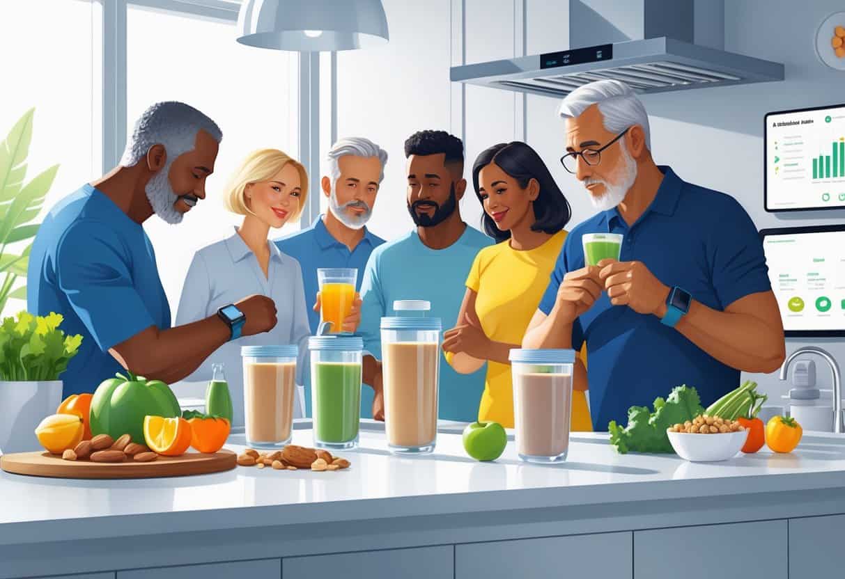 A group of adults in a kitchen with meal replacement drinks and fresh ingredients, one person checking their glucose monitor while considering a nutritious shake.