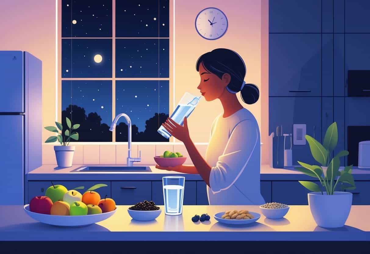 A person drinking water at a kitchen counter at night with healthy snacks like fruits and nuts nearby and a clock showing late evening time.
