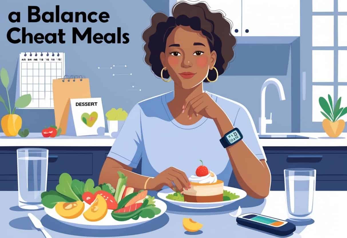 A person sitting at a kitchen table with a small dessert and healthy food, a glucose meter, and a water glass, showing mindful eating and diabetes management.