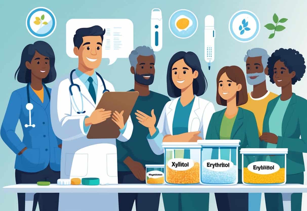 A healthcare professional explains natural sweeteners to a group of adults, with containers of xylitol and erythritol and diabetes-related items on a table nearby.