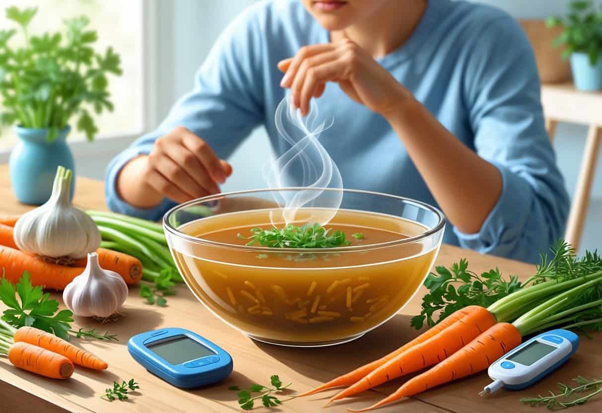 A person sitting at a table with a bowl of steaming bone broth, fresh vegetables, and diabetes care items like a glucometer and insulin pen nearby.
