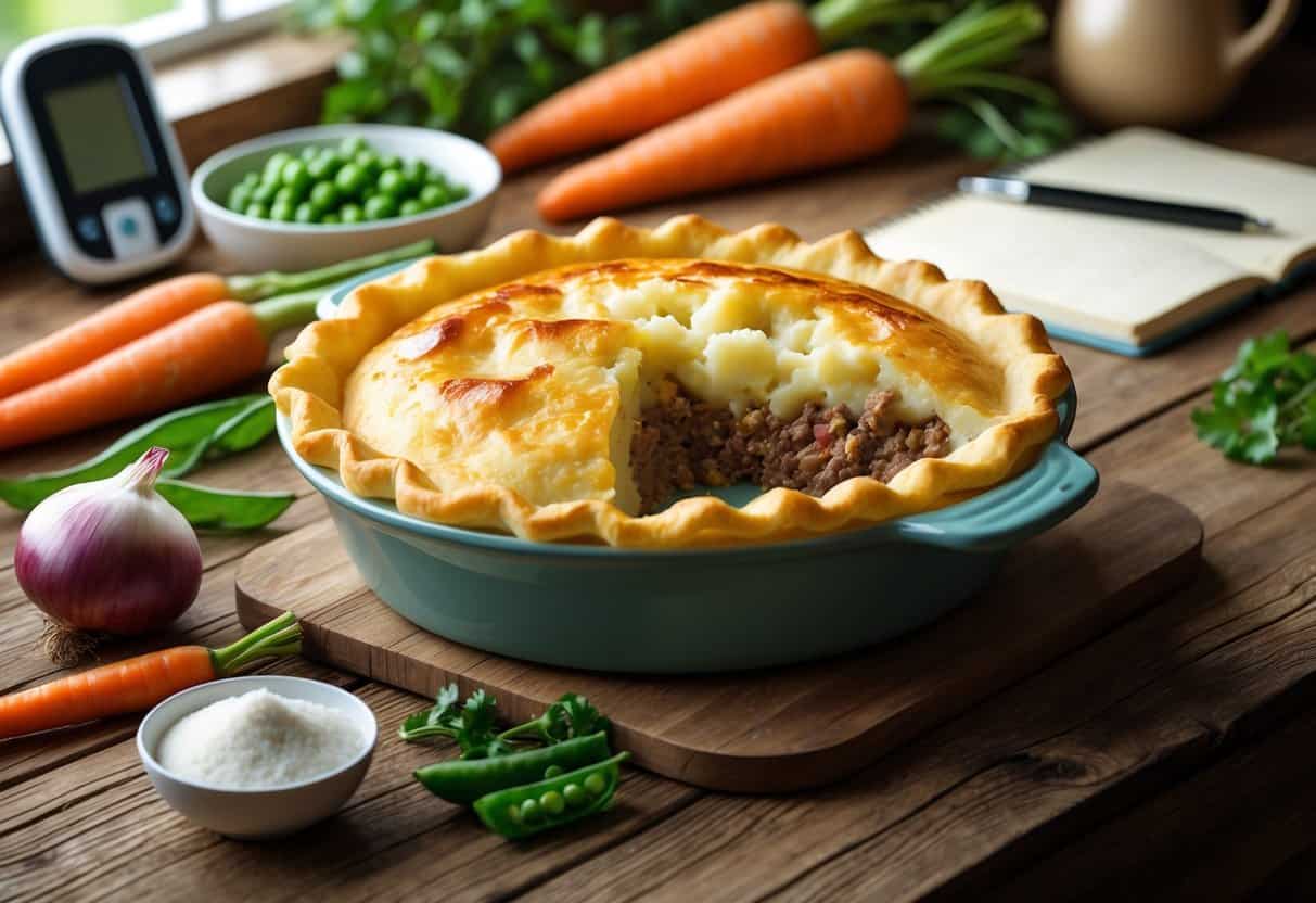 A freshly baked cottage pie on a wooden table surrounded by fresh vegetables and a blood glucose monitor in a kitchen setting.
