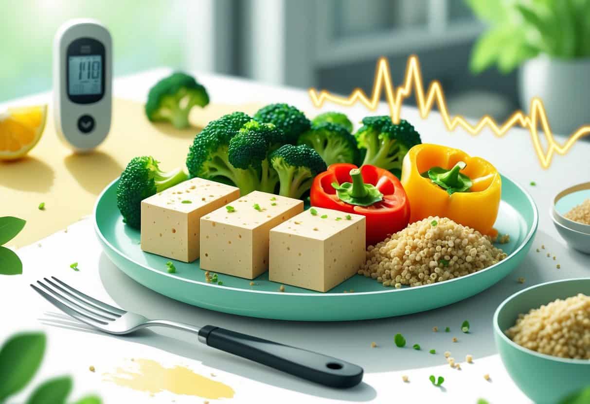 A plate of tofu with vegetables and quinoa on a kitchen table, accompanied by subtle icons representing blood sugar control.