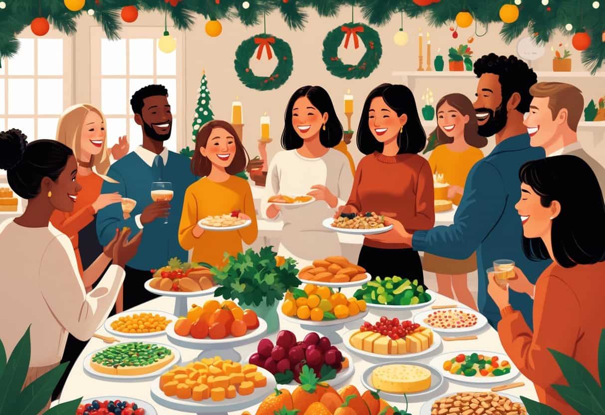 A holiday party with people enjoying healthy snacks like fruits and nuts while sugary desserts are set aside on a separate table.