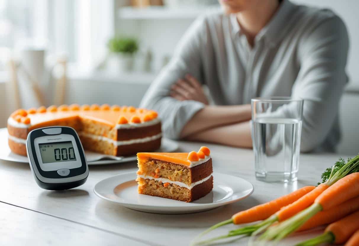 A person sitting at a table with a small slice of carrot cake, a glucose meter, fresh carrots, and a glass of water.