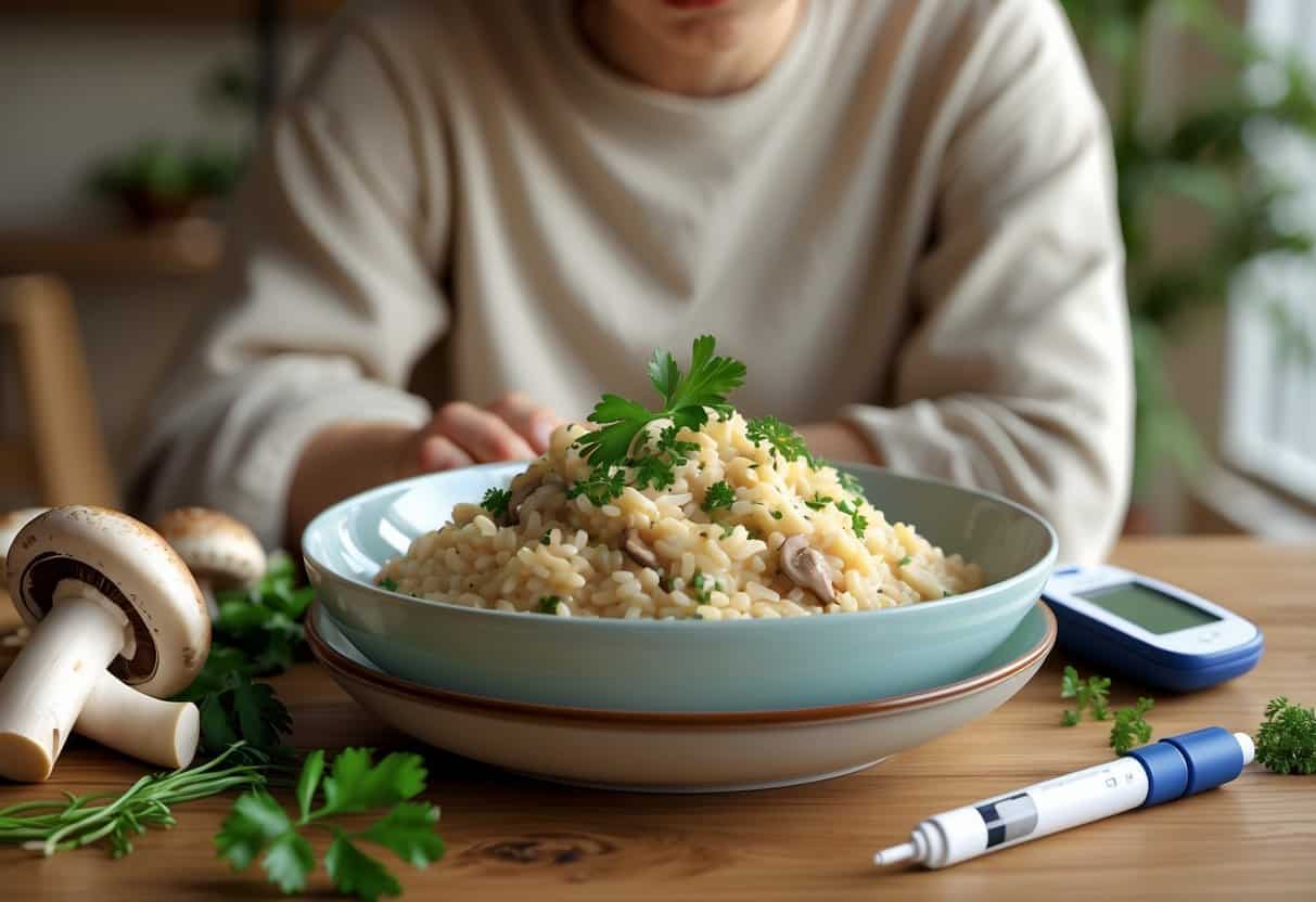 A person sitting at a table with a bowl of risotto, fresh ingredients, a glucose monitor, and an insulin pen nearby.