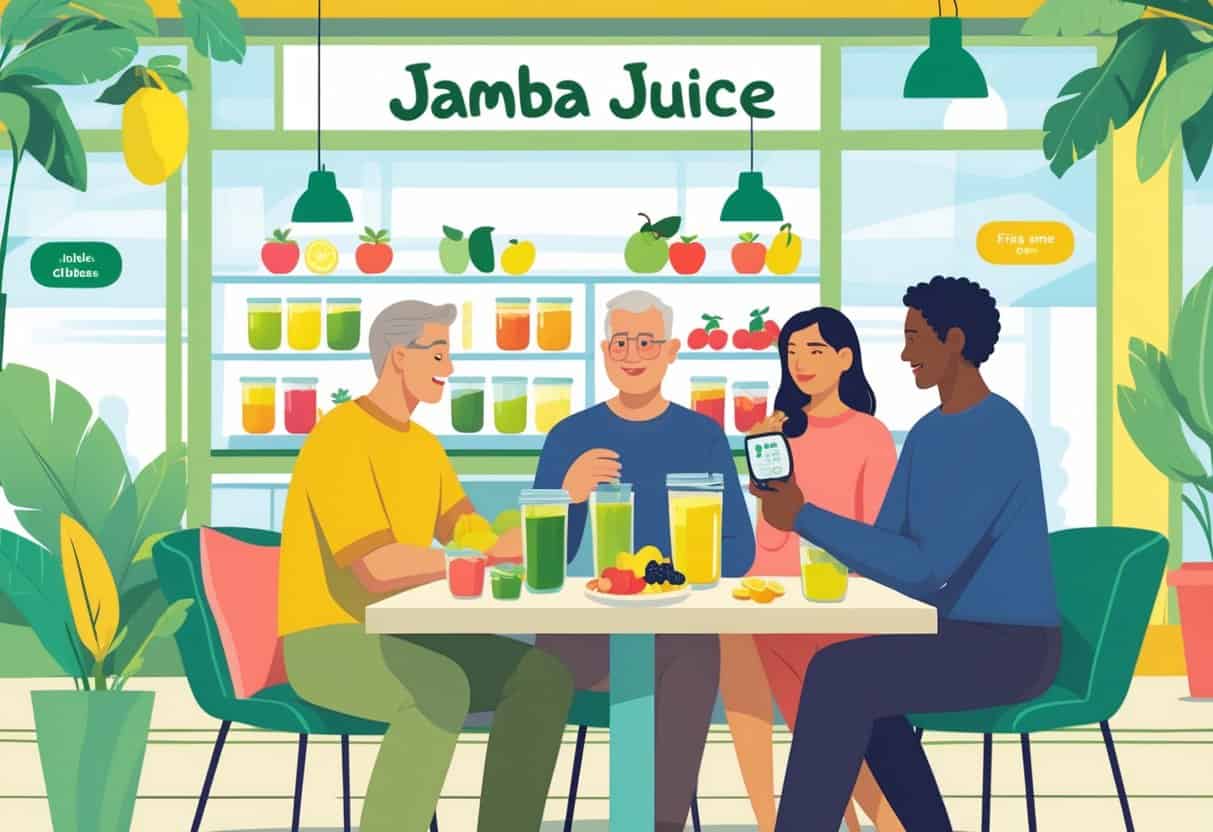 People enjoying colorful smoothies at a café table with diabetes-related items like a glucose monitor and healthy snacks nearby, inside a bright juice store.