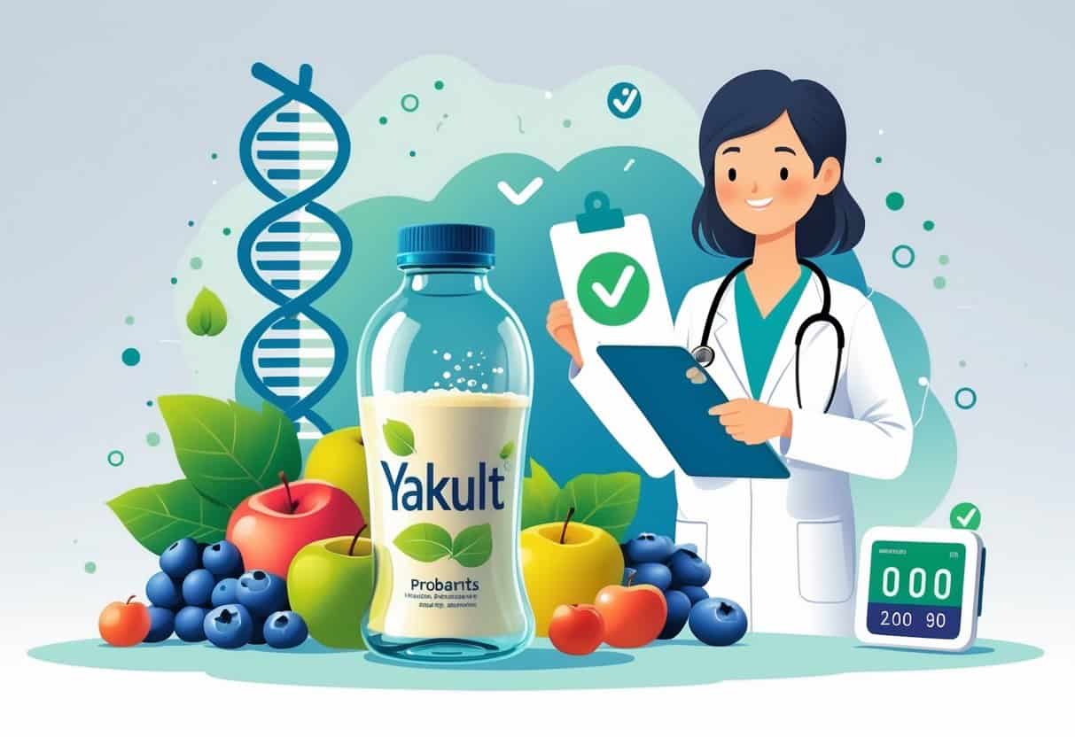 A healthcare professional holding a clipboard near a bottle of Yakult surrounded by fresh fruits and a figure showing stable blood glucose levels.