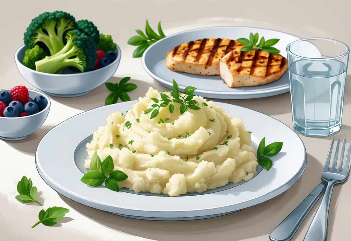 A plate with mashed potatoes garnished with herbs, surrounded by grilled chicken, broccoli, and berries on a table with a glass of water.