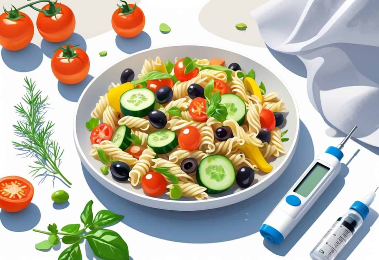 A plate of colorful pasta salad with a glucose meter and insulin vial nearby, representing diabetes and healthy eating.