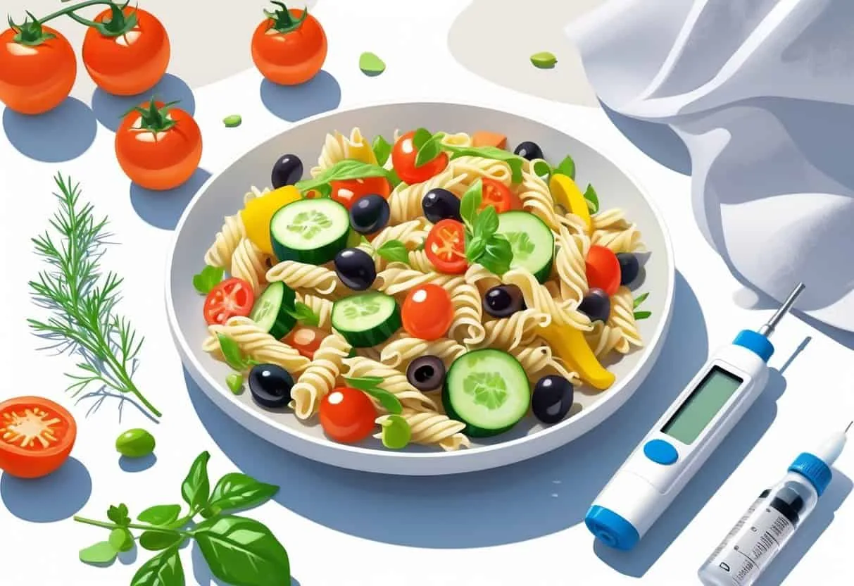 A plate of colorful pasta salad with a glucose meter and insulin vial nearby, representing diabetes and healthy eating.
