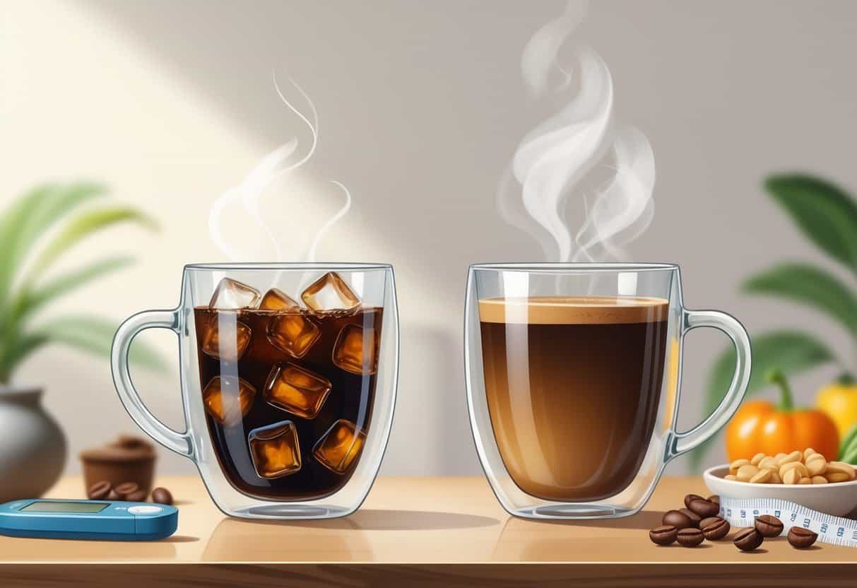 Two glass cups of coffee on a table, one with cold brew and ice, the other with hot coffee, surrounded by diabetes-related items like a glucose meter and healthy food.